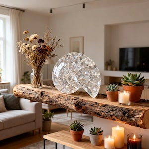 May include: A decorative, crystal-like nautilus shell sculpture. The shell is composed of many small, clear, faceted pieces that reflect light. It sits on a rustic wooden shelf with potted plants and candles, creating a serene, natural aesthetic.