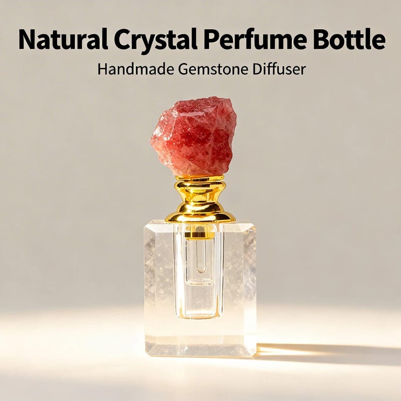 May include: A clear, square perfume bottle with a gold-colored neck and a rough, red crystal stopper. The text on the image reads "Natural Crystal Perfume Bottle" and "Handmade Gemstone Diffuser."