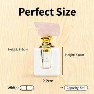 May include: A clear, square perfume bottle with a gold-colored top and a pink crystal stopper. The bottle is 2.2cm wide and 7-8cm tall. The text "Perfect Size" is at the top, and the capacity is 5ml.