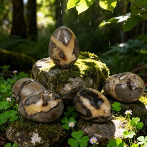 May include: Several polished, egg-shaped stones in shades of brown, tan, and cream, each with unique patterns. The stones are displayed on moss-covered rocks, creating a natural, earthy scene. The setting is outdoors, with a backdrop of greenery.