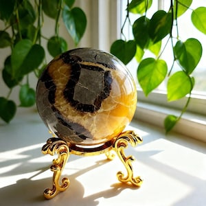 Könnte beinhalten: Eine dekorative Kugel mit einem marmorierten Muster in Braun-, Grau- und Gelbtönen, die auf einem goldfarbenen Metallständer ruht. Der Ständer hat ein verziertes, gerolltes Design. Die Kugel hat einen Durchmesser von etwa 10 cm.