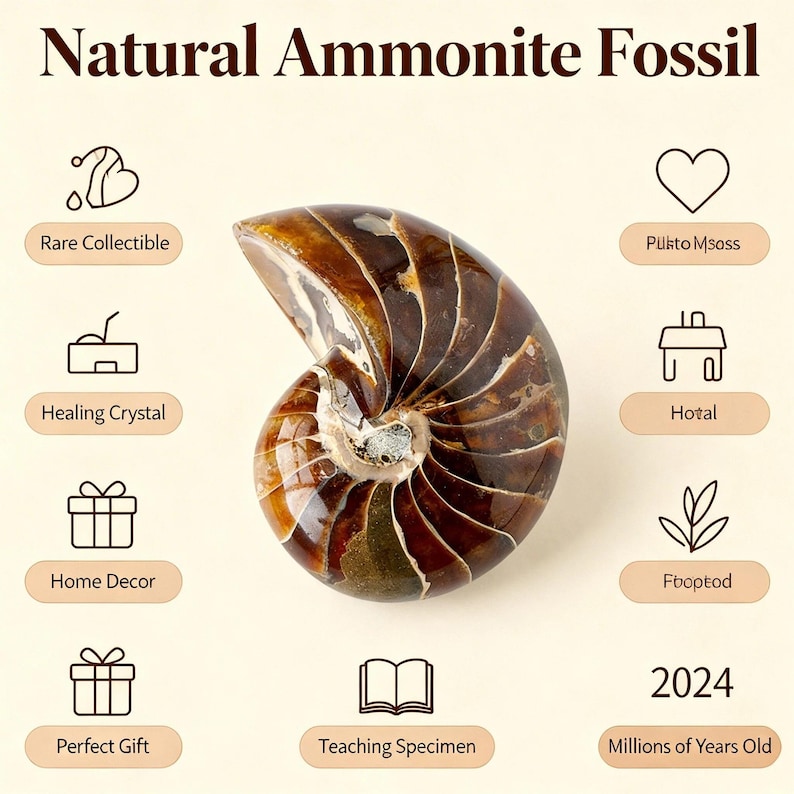 May include: A polished ammonite fossil with a spiral shape, showcasing shades of brown and tan. The image includes text that reads "Natural Ammonite Fossil", and other text labels such as "Rare Collectible" and "Perfect Gift".