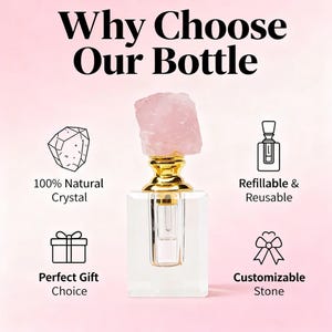 May include: A clear, rectangular bottle with a gold-colored neck and a pink, raw crystal stopper. The image includes text that reads "Why Choose Our Bottle" and highlights features like "100% Natural Crystal" and "Refillable & Reusable."