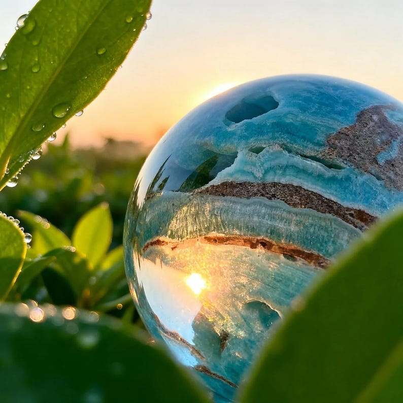 May include: A polished spherical gemstone featuring vibrant shades of turquoise and blue with intricate white and brown mineral inclusions, reflecting the warm golden light of a sunrise while nestled among green leaves covered in morning dew.