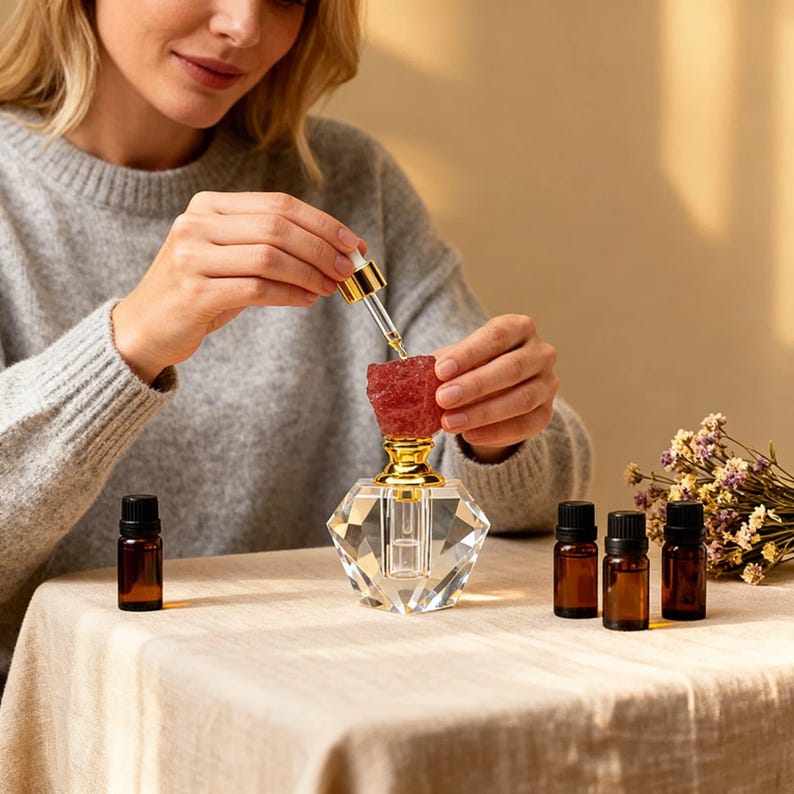 May include: A faceted crystal essential oil bottle with a gold base and a red stone top. A person is using a dropper to fill the bottle. Several small brown essential oil bottles are on the table.