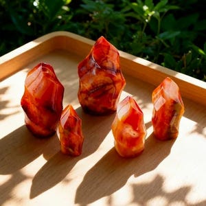 May include: Five polished carnelian stone flames of varying sizes arranged in a group. Each piece features a smooth, translucent surface with deep orange, red, and brown colour banding, reflecting light with a glossy finish on a wooden surface.