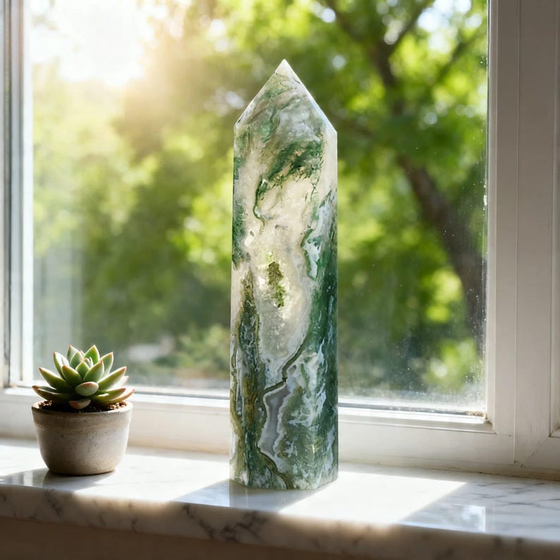 May include: A tall, polished stone obelisk with a pointed top. The stone features a mix of green and white patterns, resembling moss agate. A small potted succulent sits on the windowsill next to the obelisk.