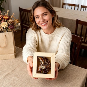 May include: A person holding a nautilus shell in a beige box. The shell has a spiral pattern with brown and white hues. A bouquet of dried flowers in a brown paper bag is visible in the background. The person is wearing a cream-colored sweater.