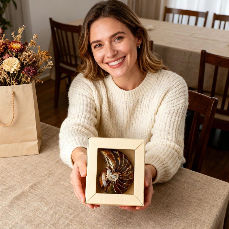 May include: A person holding a nautilus shell in a beige box. The shell has a spiral pattern with brown and white hues. A bouquet of dried flowers in a brown paper bag is visible in the background. The person is wearing a cream-colored sweater.