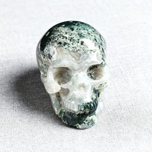May include: A carved skull made of translucent stone with green and white inclusions. The skull has detailed features, including eye sockets, a nose cavity, and teeth. The stone has a polished, glossy finish.