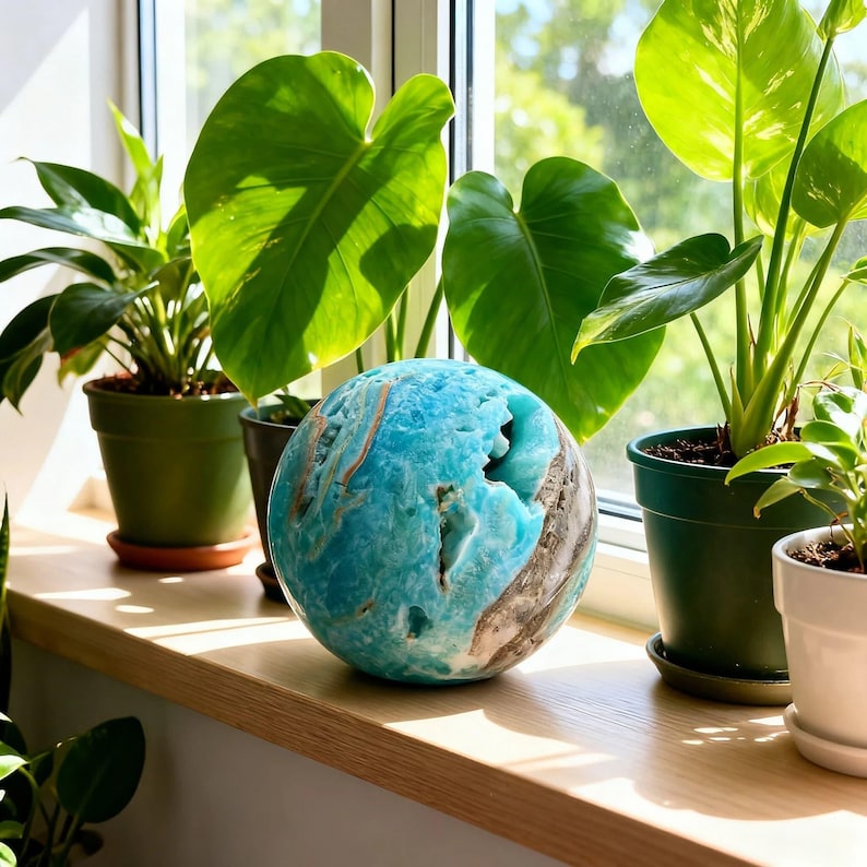 May include: A spherical blue aragonite crystal with a polished surface and a natural, rough-textured crevice running across its side. The stone displays vibrant shades of turquoise and cyan with brown mineral inclusions, resting on a wooden surface.