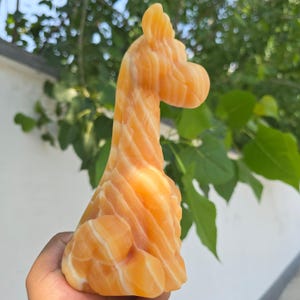 May include: A carved orange and white stone figurine in the shape of a giraffe. The sculpture features a smooth, polished surface with visible natural banding patterns throughout the body, neck, and head, showcasing a translucent, warm color palette.