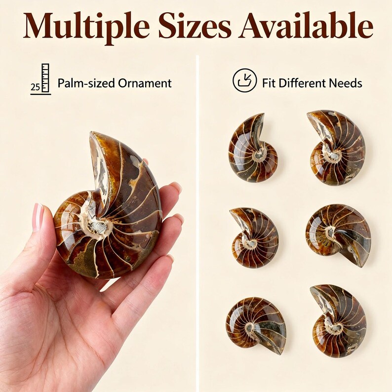 May include: A collection of nautilus shell ornaments in various sizes. The shells are brown and tan with intricate spiral patterns. One shell is held in a hand for scale, labeled as a palm-sized ornament. The text "Multiple Sizes Available" is at the top.