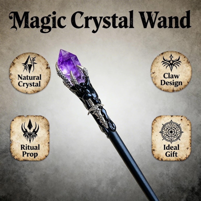 Peut inclure: Une baguette magique en cristal avec un cristal violet et un manche noir. La baguette pr&eacute;sente un design de griffe et est d&eacute;crite comme un cristal naturel et un accessoire de rituel. Le texte "Magic Crystal Wand" est en haut.