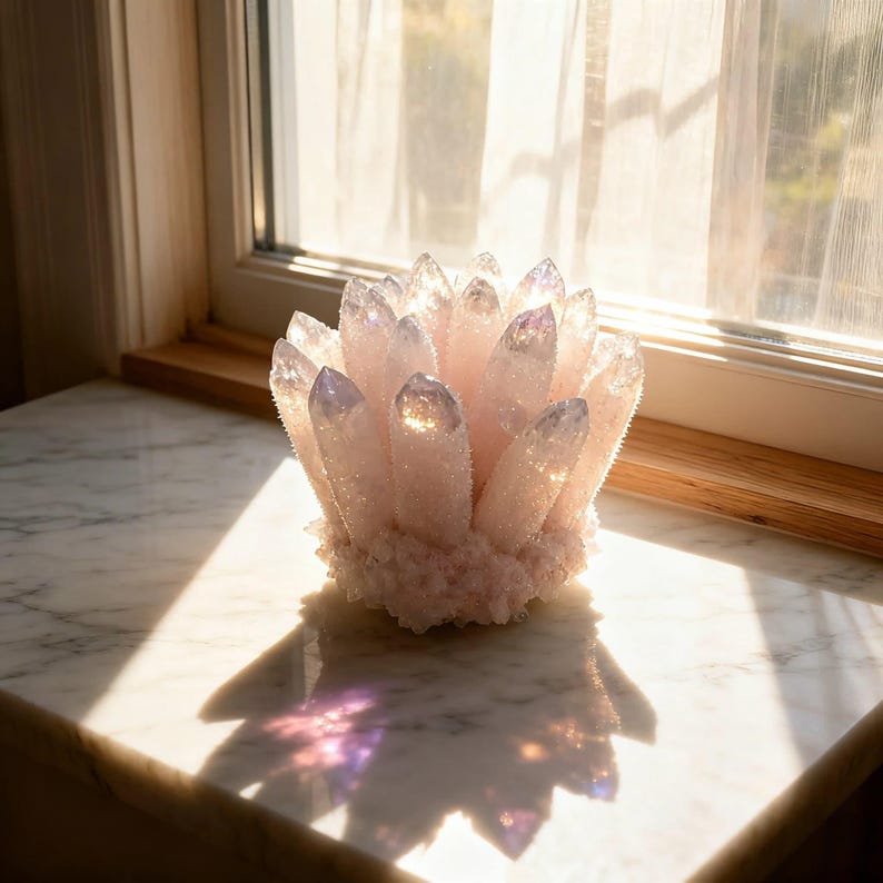 May include: A cluster of light pink crystals with pointed tips, resembling a floral arrangement. The crystals are illuminated by sunlight, casting a shadow on the marble surface. The crystals are approximately 6 inches tall.