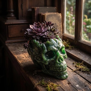 May include: A glossy, dark green skull-shaped planter featuring a textured, bone-like surface. The skull is filled with several dark purple and green succulent plants that sprout from the top, creating a contrast between the foliage and the vessel.
