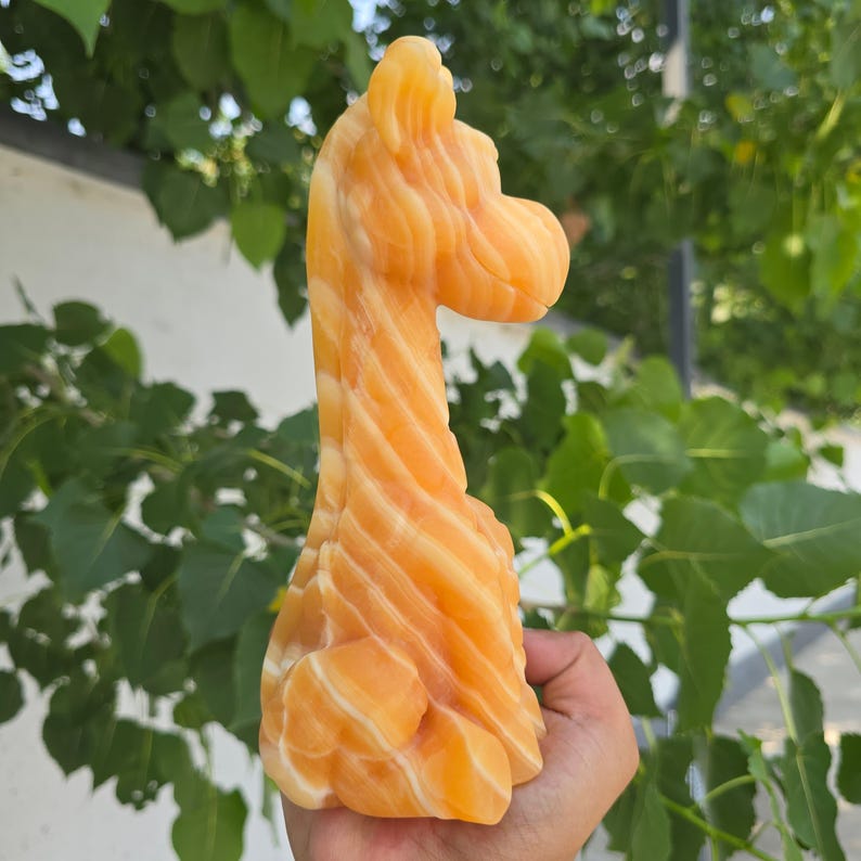 May include: A carved orange calcite figurine in the shape of a giraffe. The stone features natural swirling bands of light and dark orange hues throughout its smooth, polished surface, depicting the long neck and head of the animal in profile.