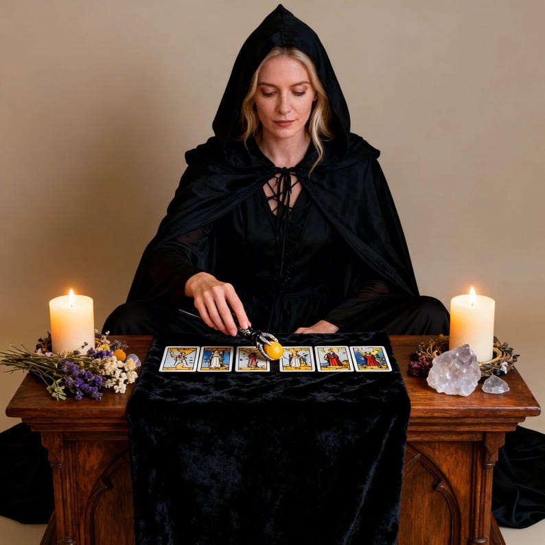 Peut inclure: Une personne v&ecirc;tue d'une cape &agrave; capuche noire est assise &agrave; une table en bois, disposant des cartes de tarot. Deux bougies allum&eacute;es encadrent les cartes, avec des fleurs s&eacute;ch&eacute;es et un cristal sur la table. La sc&egrave;ne &eacute;voque un th&egrave;me mystique ou spirituel.