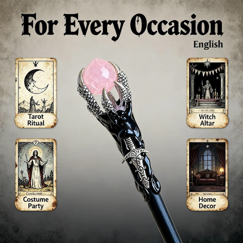 Peut inclure: Un b&acirc;ton noir et argent&eacute; orn&eacute; d'une sph&egrave;re de cristal rose, avec une poign&eacute;e en forme de griffes. L'image comprend des cartes de tarot avec les textes "Tarot Ritual", "Witch Altar", "Costume Party" et "Home Decor". Le texte "For Every Occasion" et "English" sont &eacute;galement visibles.