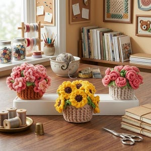 May include: Three crocheted flower baskets. One basket has pink flowers, another has yellow sunflowers, and the third has pink roses. The baskets are brown and beige. Crafting supplies, including yarn, buttons, and scissors, are in the background.