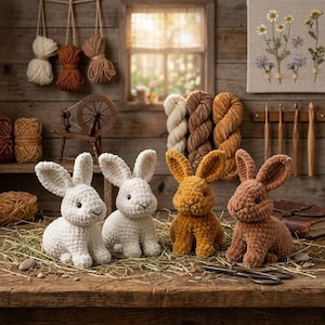 Könnte beinhalten: Vier gehäkelte Hasenfiguren in Weiß-, Gold- und Brauntönen sitzen auf einer Holzoberfläche mit Heu. Die Hasen haben lange Ohren und sind von Garn und Bastelzubehör umgeben, was auf ein handgemachtes Thema hindeutet.