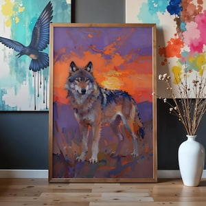 IB(EyEBee)アート – 賢いオオカミのデジタルプリント、夕日の精霊ガイド、20x25～50x62、即時ダウンロード