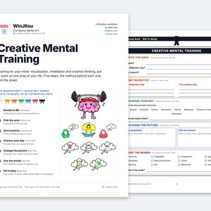 Entrenamiento mental creativo, una hoja de entrenamiento mental de una página y un cuaderno de ejercicios de 14 páginas de Rick Tew, WinJitsu, PDF imprimible, tamaño Carta estadounidense y A4.