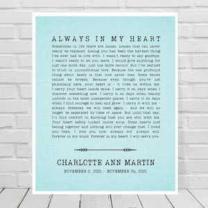 Always In My Heart Remembrance Quote 8x10 Digital Download, Sympathy Gift, Infant Loss Print, Miscarriage Stillbirth Pregnancy Loss Poem