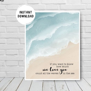 Sztuka ścienna do pokoju dziecięcego w stylu marynistycznym Ocean Beach Digital Download 8x10 11x14, Jeśli chcesz wiedzieć, jak bardzo cię kochamy, policz fale na morzu