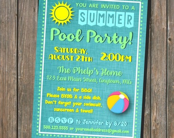Adult Summer BBQ Party - Beach Ball and Sun - Pool Party Subway Art Style 5x7 Invitation Printable (digital file)