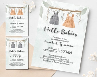 Hello Babies Twins Baby Shower Invite 5x7 Digital Download, Eucalyptus Baby Shower Invitation Printable, Boho Neutral Twins Invite