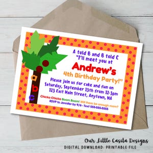 Chicka Chicka Boom Boom Birthday Party Invitation Digital Download, Printable File, ABC Book Theme, Alphabet Coconut Tree Birthday Party