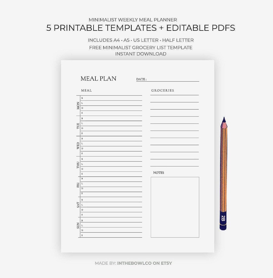 Minimalist Weekly Meal Planner Printable | Editable PDF | Easy Meal ...