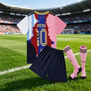 Puede incluir: Un conjunto de uniforme de fútbol con una camiseta con el nombre "MESSI" y el número "10", pantalones cortos azul marino y calcetines rosas con rayas negras. La camiseta tiene un diseño único con detalles en azul, rojo y blanco. El conjunto se muestra en un campo verde.