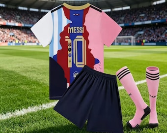 Conjunto de camiseta de fútbol infantil, uniforme de fútbol con bloques de color, pantalones cortos, calcetines y ropa deportiva de entrenamiento.