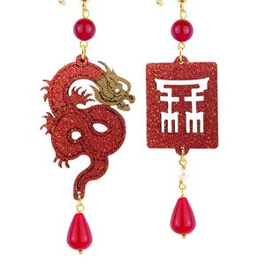 Lebole Maison Mito Small Ruby Asymmetrical Japanese Dragon Earrings with Natural Pearls Made in Italy