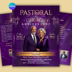 May include: A purple flyer for a 15th Pastoral and Church Anniversary featuring a man and woman in formal attire. Text includes names Ethan and Sophia Bennett, New Hope Worship Church, date September 20, 8:00 PM, and location 1088 Street, Detroit, MI.