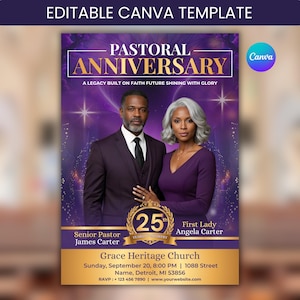 Puede incluir: Una plantilla de volante de Aniversario Pastoral púrpura y dorado con una pareja, el texto "PASTORAL ANNIVERSARY" y "25 YEARS IN MINISTRY". El volante incluye los nombres del Pastor Principal y la Primera Dama, y los detalles de la iglesia.