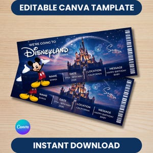 May include: Two Disneyland California tickets with a dark blue background and a castle illustration. The tickets feature Mickey Mouse, the text "We're going to Disneyland", and the words "Happy Birthday Baby".