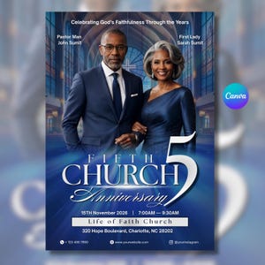May include: A church anniversary flyer featuring a man in a navy suit and a woman in a navy dress. Text includes Celebrating God's Faithfulness Through the Years, Pastor Man John Sumit, First Lady Sarah Sumit, FIFTH CHURCH Anniversary 5, 15TH November 2026, 7:00AM - 9:30AM, Life of Faith Church, 320 Hope Boulevard, Charlotte, NC 28202.