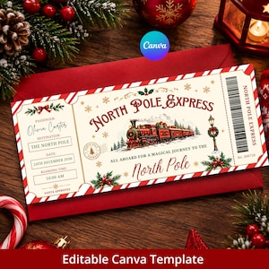 May include: A North Pole Express train ticket featuring a red steam locomotive illustration, gold and red text, a barcode, and fields for passenger name, destination, date, and time, framed by a red and white candy cane striped border design.