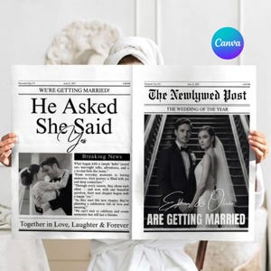 May include: A newspaper-style wedding announcement with the headline "We're Getting Married!" and "He Asked, She Said Yes." The right side reads "The Newlywed Post" with a photo of the couple and the text "Ethan & Olivia Are Getting Married."