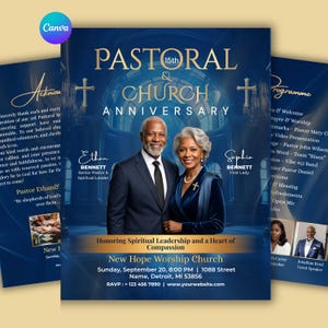 May include: A flyer for the 15th Pastoral & Church Anniversary of New Hope Worship Church. The flyer features a photo of a smiling couple, Ethan and Sophia Bennett, and includes event details such as the date, time, and location.