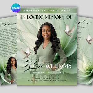 Green Roses Funeral Program Template, 8 Page Memorial Booklet (Digital Download)