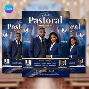 May include: Three flyers for the Fifteenth Pastoral Anniversary, featuring a man and woman in suits. The flyers have a blue background with white doves and text that reads "Pastoral Anniversary." Guest speaker information is included.