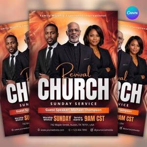 May include: A church service promotional flyer with a gradient background. The design features the words "Revival Church" in large white letters. The flyer includes images of several people and details about the Sunday service, including the guest speaker and time.