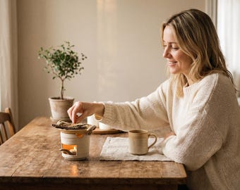 Handmade Ceramic Oil Burner with Twine Handles,Rustic Wax Melt Warmer, Boho Cream Pottery Diffuser, Minimalist Home Decor, Gift for Her, Zen