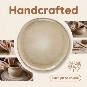May include: A handcrafted, beige ceramic plate with a slightly textured surface. The plate is round with a wide rim. The image includes text that reads "Handcrafted" and "Each piece unique."