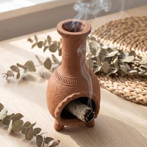 Handmade Terracotta Chiminea Incense Burner - Rustic Clay Palo Santo Holder & Sage Smudge Pot - Boho Home Decor - Zen Meditation Altar Gift