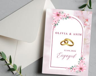 Diseño editable de Canva para compromiso / Tarjeta de felicitación con nombre y fecha de la pareja (5.5x8 pulgadas) / Tarjeta de felicitación de boda / Tema de anillos